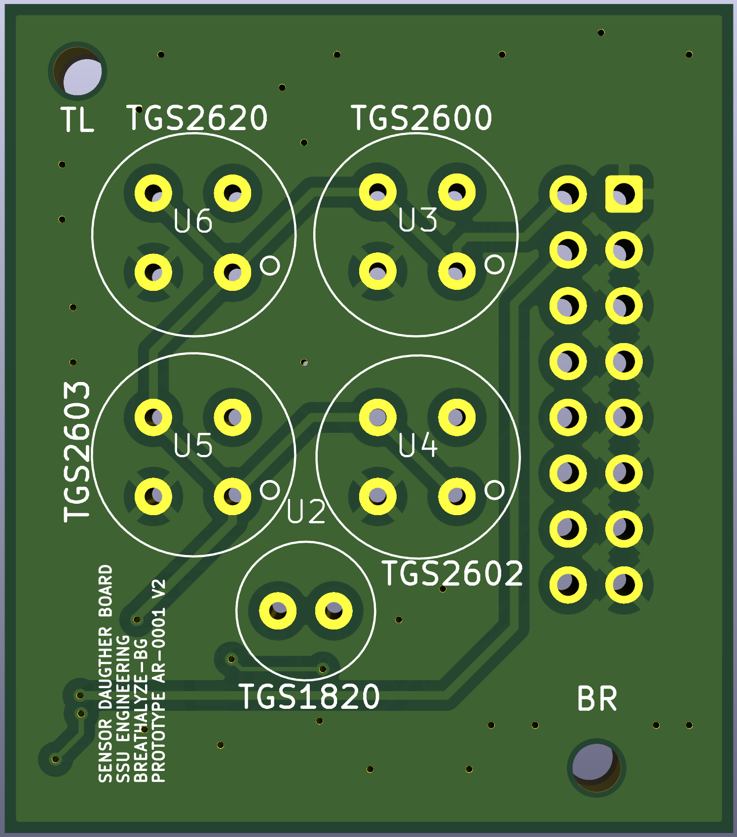 Populated-side render of the five-sensor daughter PCB